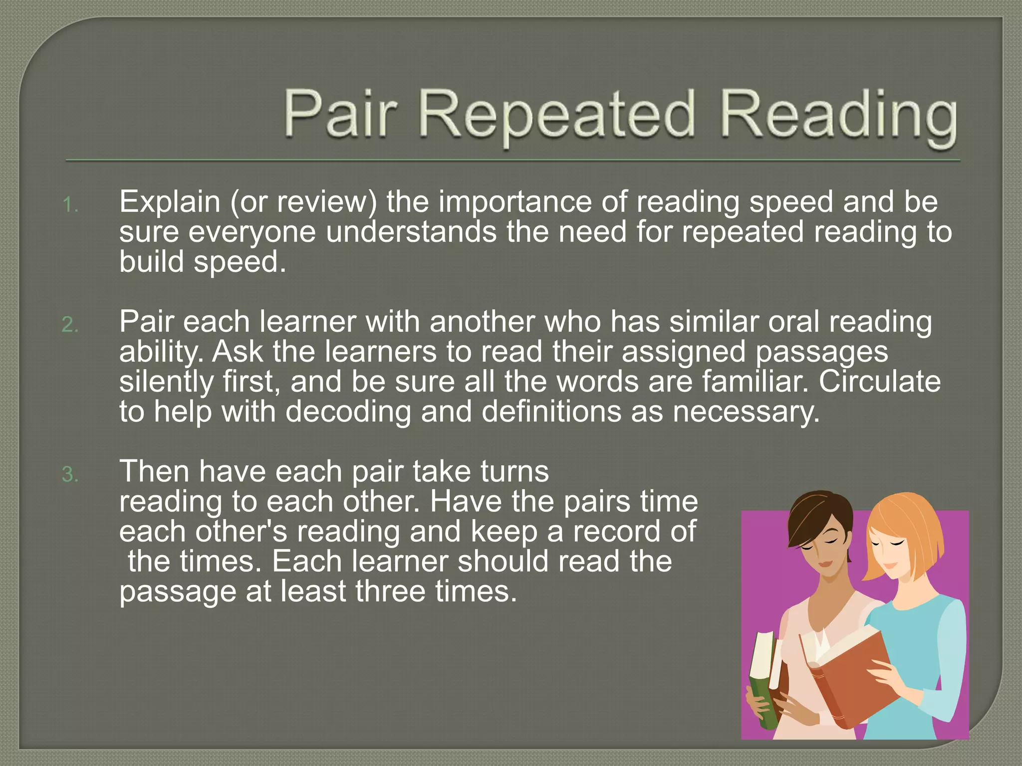 Echo ReadingSentence by sentence reading/ reading in chunks.Should be done with smaller groups so that individuals can be heard.Highly supported fluency instructionOnly a practice activity (not an assessment)Very intensive – only do for 10-15 minutes.  Short, frequent practices are better.