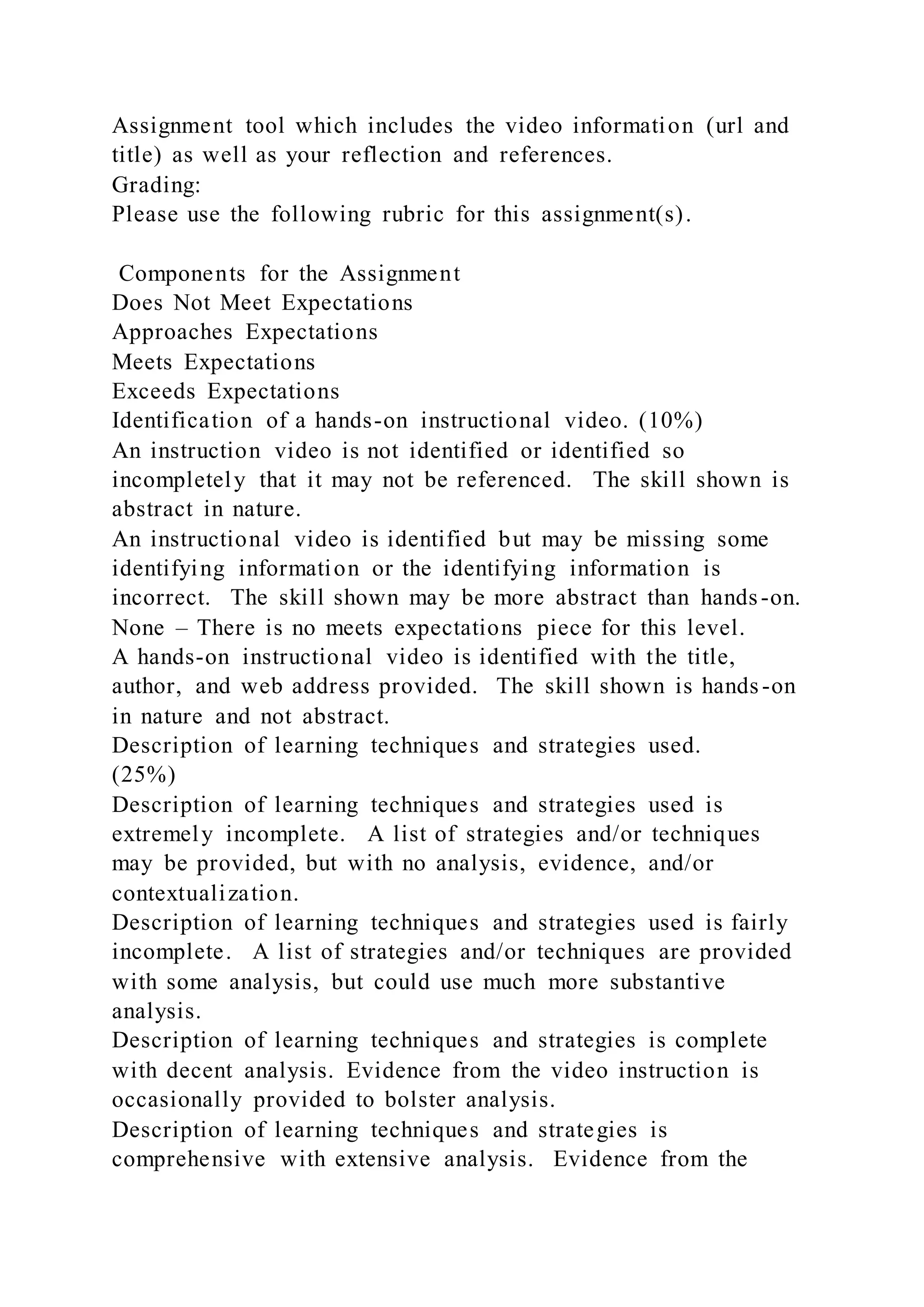 Assignment tool which includes the video information (url and
title) as well as your reflection and references.
Grading:
Please use the following rubric for this assignment(s).
Components for the Assignment
Does Not Meet Expectations
Approaches Expectations
Meets Expectations
Exceeds Expectations
Identification of a hands-on instructional video. (10%)
An instruction video is not identified or identified so
incompletely that it may not be referenced. The skill shown is
abstract in nature.
An instructional video is identified but may be missing some
identifying information or the identifying information is
incorrect. The skill shown may be more abstract than hands-on.
None – There is no meets expectations piece for this level.
A hands-on instructional video is identified with the title,
author, and web address provided. The skill shown is hands-on
in nature and not abstract.
Description of learning techniques and strategies used.
(25%)
Description of learning techniques and strategies used is
extremely incomplete. A list of strategies and/or techniques
may be provided, but with no analysis, evidence, and/or
contextualization.
Description of learning techniques and strategies used is fairly
incomplete. A list of strategies and/or techniques are provided
with some analysis, but could use much more substantive
analysis.
Description of learning techniques and strategies is complete
with decent analysis. Evidence from the video instruction is
occasionally provided to bolster analysis.
Description of learning techniques and strategies is
comprehensive with extensive analysis. Evidence from the
 