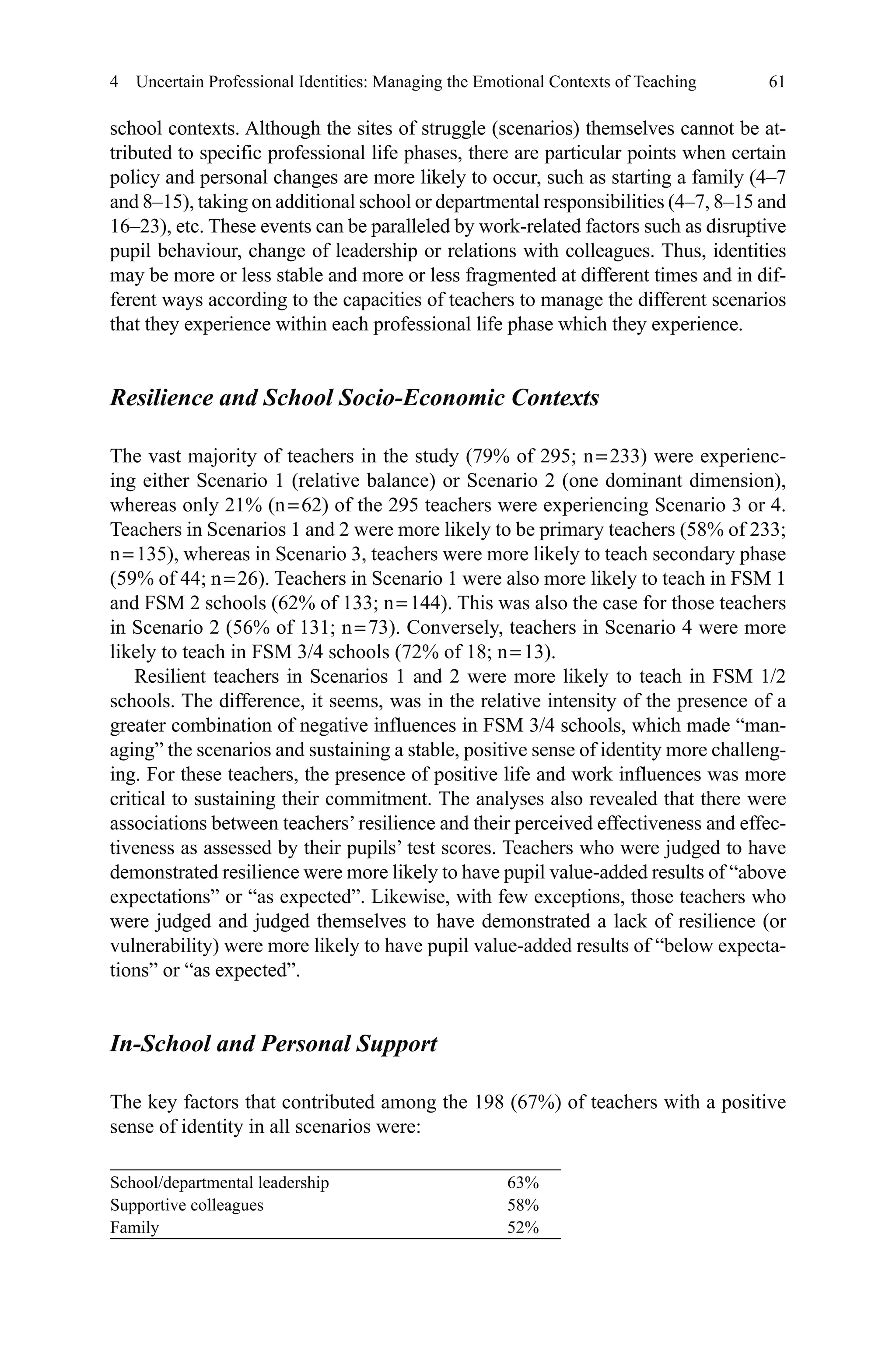 61
school contexts. Although the sites of struggle (scenarios) themselves cannot be at-
tributed to specific professional life phases, there are particular points when certain
policy and personal changes are more likely to occur, such as starting a family (4–7
and 8–15), taking on additional school or departmental responsibilities (4–7, 8–15 and
16–23), etc. These events can be paralleled by work-related factors such as disruptive
pupil behaviour, change of leadership or relations with colleagues. Thus, identities
may be more or less stable and more or less fragmented at different times and in dif-
ferent ways according to the capacities of teachers to manage the different scenarios
that they experience within each professional life phase which they experience.
Resilience and School Socio-Economic Contexts
The vast majority of teachers in the study (79% of 295; n = 233) were experienc-
ing either Scenario 1 (relative balance) or Scenario 2 (one dominant dimension),
whereas only 21% (n = 62) of the 295 teachers were experiencing Scenario 3 or 4.
Teachers in Scenarios 1 and 2 were more likely to be primary teachers (58% of 233;
n = 135), whereas in Scenario 3, teachers were more likely to teach secondary phase
(59% of 44; n = 26). Teachers in Scenario 1 were also more likely to teach in FSM 1
and FSM 2 schools (62% of 133; n = 144). This was also the case for those teachers
in Scenario 2 (56% of 131; n = 73). Conversely, teachers in Scenario 4 were more
likely to teach in FSM 3/4 schools (72% of 18; n = 13).
Resilient teachers in Scenarios 1 and 2 were more likely to teach in FSM 1/2
schools. The difference, it seems, was in the relative intensity of the presence of a
greater combination of negative influences in FSM 3/4 schools, which made “man-
aging” the scenarios and sustaining a stable, positive sense of identity more challeng-
ing. For these teachers, the presence of positive life and work influences was more
critical to sustaining their commitment. The analyses also revealed that there were
associations between teachers’resilience and their perceived effectiveness and effec-
tiveness as assessed by their pupils’ test scores. Teachers who were judged to have
demonstrated resilience were more likely to have pupil value-added results of “above
expectations” or “as expected”. Likewise, with few exceptions, those teachers who
were judged and judged themselves to have demonstrated a lack of resilience (or
vulnerability) were more likely to have pupil value-added results of “below expecta-
tions” or “as expected”.
In-School and Personal Support
The key factors that contributed among the 198 (67%) of teachers with a positive
sense of identity in all scenarios were:
4  Uncertain Professional Identities: Managing the Emotional Contexts of Teaching
School/departmental leadership 63%
Supportive colleagues 58%
Family 52%
 