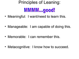 Principles of Leaning: Meaningful:  I want/need to learn this. Manageable:  I am capable of doing this. Memorable:  I can remember this. Metacognitive:  I know how to succeed. MMMM...good! 