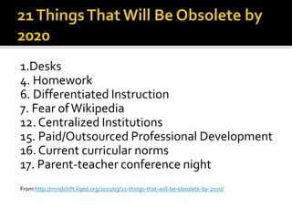21 Things That Will Be Obsolete by 20201.Desks4. Homework6. Differentiated Instruction7. Fear of Wikipedia12. Centralized Institutions15. Paid/Outsourced Professional Development16. Current curricular norms 17. Parent-teacher conference nightFrom http://mindshift.kqed.org/2011/03/21-things-that-will-be-obsolete-by-2020/