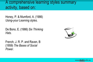 A comprehensive learning styles summary activity, based on: <ul><li>Honey, P. & Mumford, A. (1986)  Using‑your Learning st...