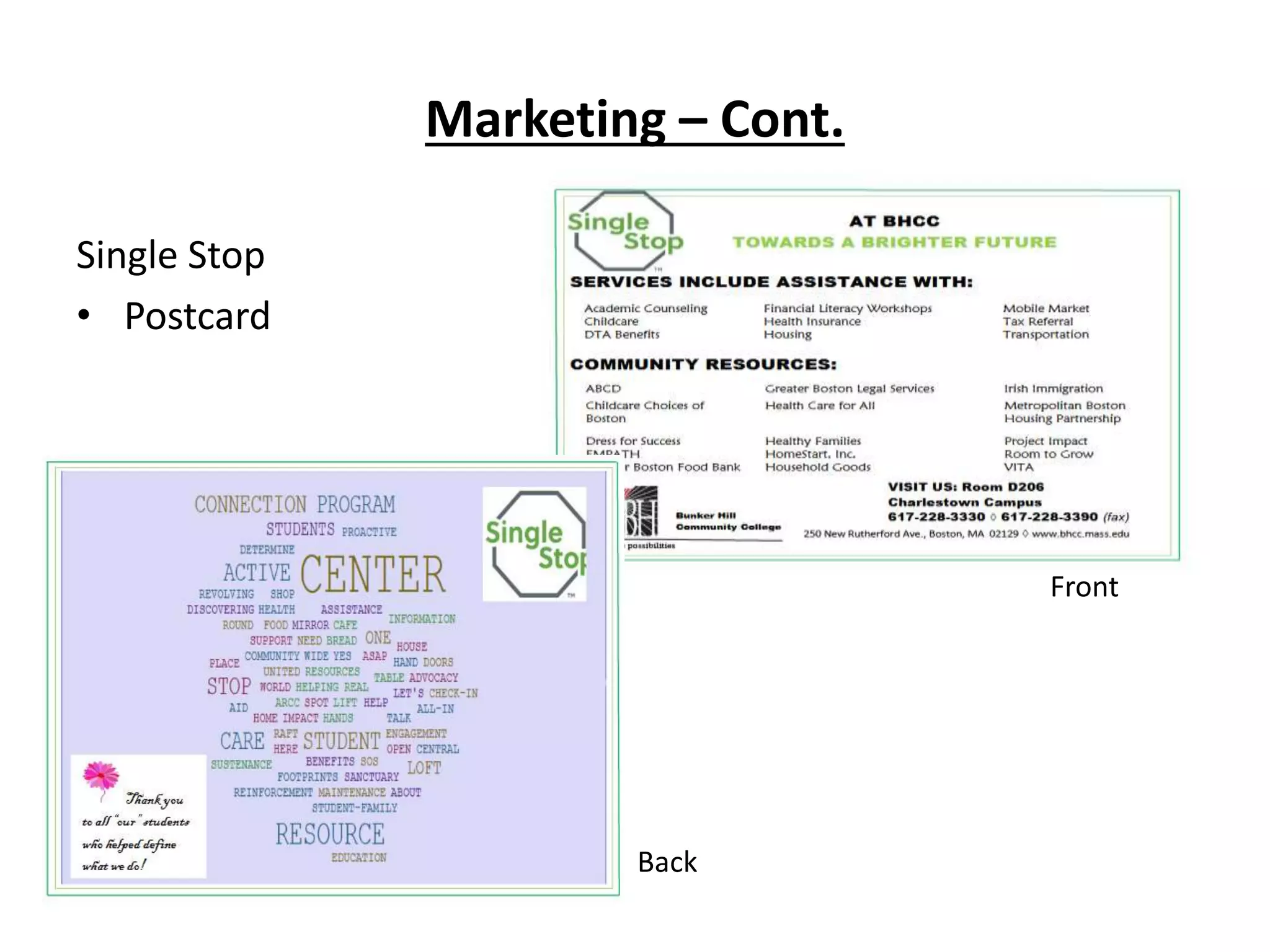 Marketing – Cont.
Single Stop
• Postcard
Front
Back
 