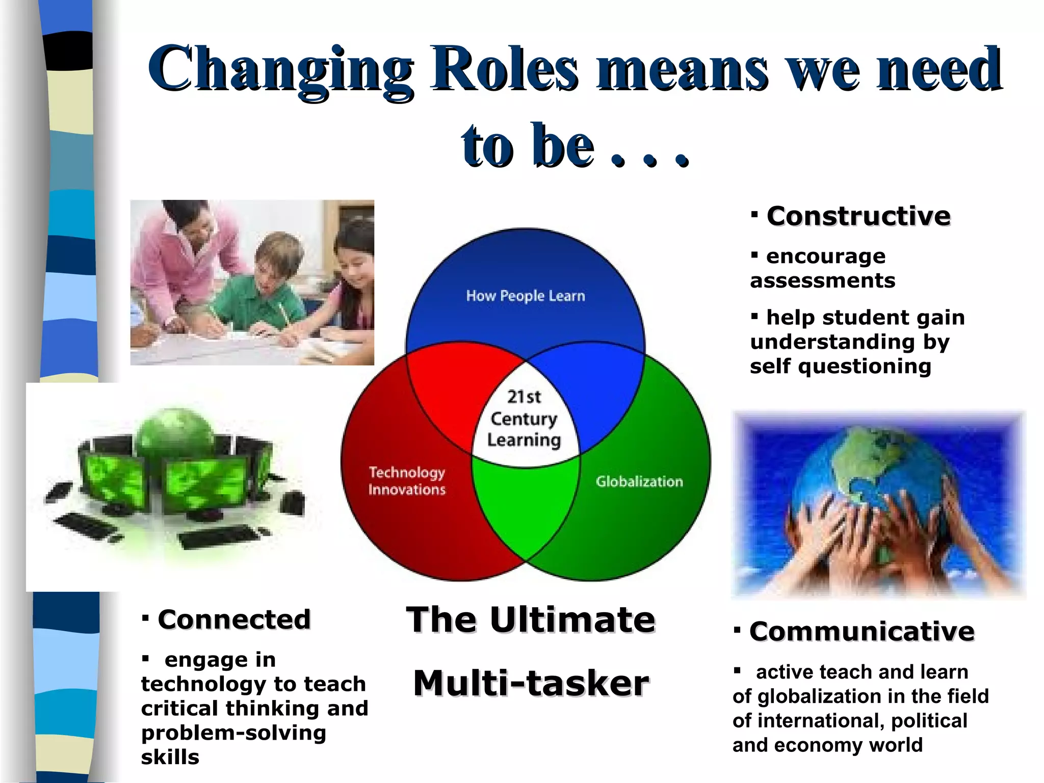 Changing Roles means we need to be . . . Communicative active teach and learn of globalization in the field of international, political and economy world Connected engage in technology to teach critical thinking and problem-solving skills The Ultimate Multi-tasker Constructive encourage assessments help student gain understanding by self questioning 