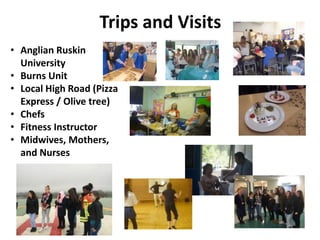 Trips and Visits
• Anglian Ruskin
University
• Burns Unit
• Local High Road (Pizza
Express / Olive tree)
• Chefs
• Fitness Instructor
• Midwives, Mothers,
and Nurses
 