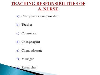 a) Care giver or care provider
b) Teacher
c) Counsellor
d) Change agent
e) Client advocate
f) Manager
g) Researcher
 