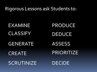 Rigorous Lessons ask Students to:

EXAMINE

PRODUCE

CLASSIFY

DEDUCE

GENERATE

ASSESS

CREATE

PRIORITIZE

SCRUTINIZE

DECIDE

 