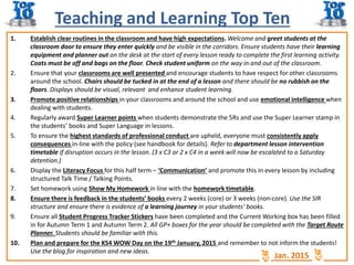 Teaching and Learning Top Ten
1. Establish clear routines in the classroom and have high expectations. Welcome and greet students at the
classroom door to ensure they enter quickly and be visible in the corridors. Ensure students have their learning
equipment and planner out on the desk at the start of every lesson ready to complete the first learning activity.
Coats must be off and bags on the floor. Check student uniform on the way in and out of the classroom.
2. Ensure that your classrooms are well presented and encourage students to have respect for other classrooms
around the school. Chairs should be tucked in at the end of a lesson and there should be no rubbish on the
floors. Displays should be visual, relevant and enhance student learning.
3. Promote positive relationships in your classrooms and around the school and use emotional intelligence when
dealing with students.
4. Regularly award Super Learner points when students demonstrate the 5Rs and use the Super Learner stamp in
the students’ books and Super Language in lessons.
5. To ensure the highest standards of professional conduct are upheld, everyone must consistently apply
consequences in-line with the policy (see handbook for details). Refer to department lesson intervention
timetable if disruption occurs in the lesson. (3 x C3 or 2 x C4 in a week will now be escalated to a Saturday
detention.)
6. Display the Literacy Focus for this half term – ‘Communication’ and promote this in every lesson by including
structured Talk Time / Talking Points.
7. Set homework using Show My Homework in line with the homework timetable.
8. Ensure there is feedback in the students’ books every 2 weeks (core) or 3 weeks (non-core). Use the SIR
structure and ensure there is evidence of a learning journey in your students’ books.
9. Ensure all Student Progress Tracker Stickers have been completed and the Current Working box has been filled
in for Autumn Term 1 and Autumn Term 2. All GP+ boxes for the year should be completed with the Target Route
Planner. Students should be familiar with this.
10. Plan and prepare for the KS4 WOW Day on the 19th January, 2015 and remember to not inform the students!
Use the blog for inspiration and new ideas.
Jan. 2015
 