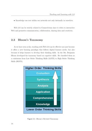 Teaching and Learning with 2.0
• Knowledge can rest within our networks not only internally in ourselves;
Web 2.0 can be strictly related to Connectivism since it refers to interactive
Web and promotes communication, collaboration, sharing data and creativity.
2.3 Bloom’s Taxonomy
As we have seen so far, teaching with Web 2.0 can be eﬀective not just because
it oﬀers a new learning paradigm that follows digital learners needs, but also
because it helps learners to develop their thinking skills. In the 50s, Benjamin
Bloom developed his taxonomy based on cognitive skills. He classiﬁed them as
a continuum from Low Order Thinking Skills (LOTS) to High Order Thinking
Skills (HOTS).
Figure 2.1: Bloom’s Revised Taxonomy
14
 