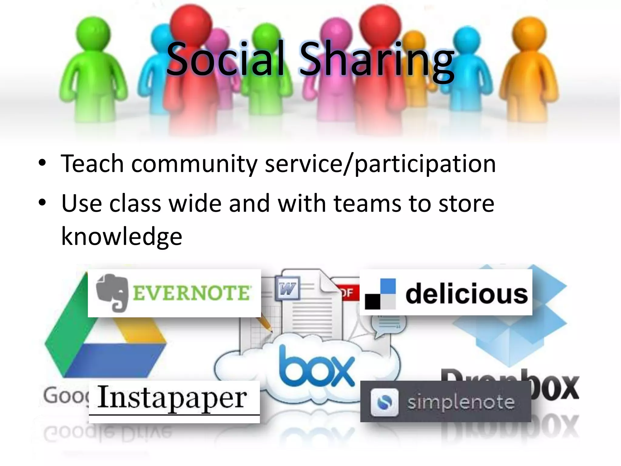 Collaborative Design
• Depends on what you are design
  processes you teach
• Raster vs. Vector tools
• Teach tool integrated with
  collaborative design process
  stages
• Develop sharing and resolution
  protocols
http://www.webdistortion.com/2011/01/22/best-online-collaborative-drawing-tools/
 