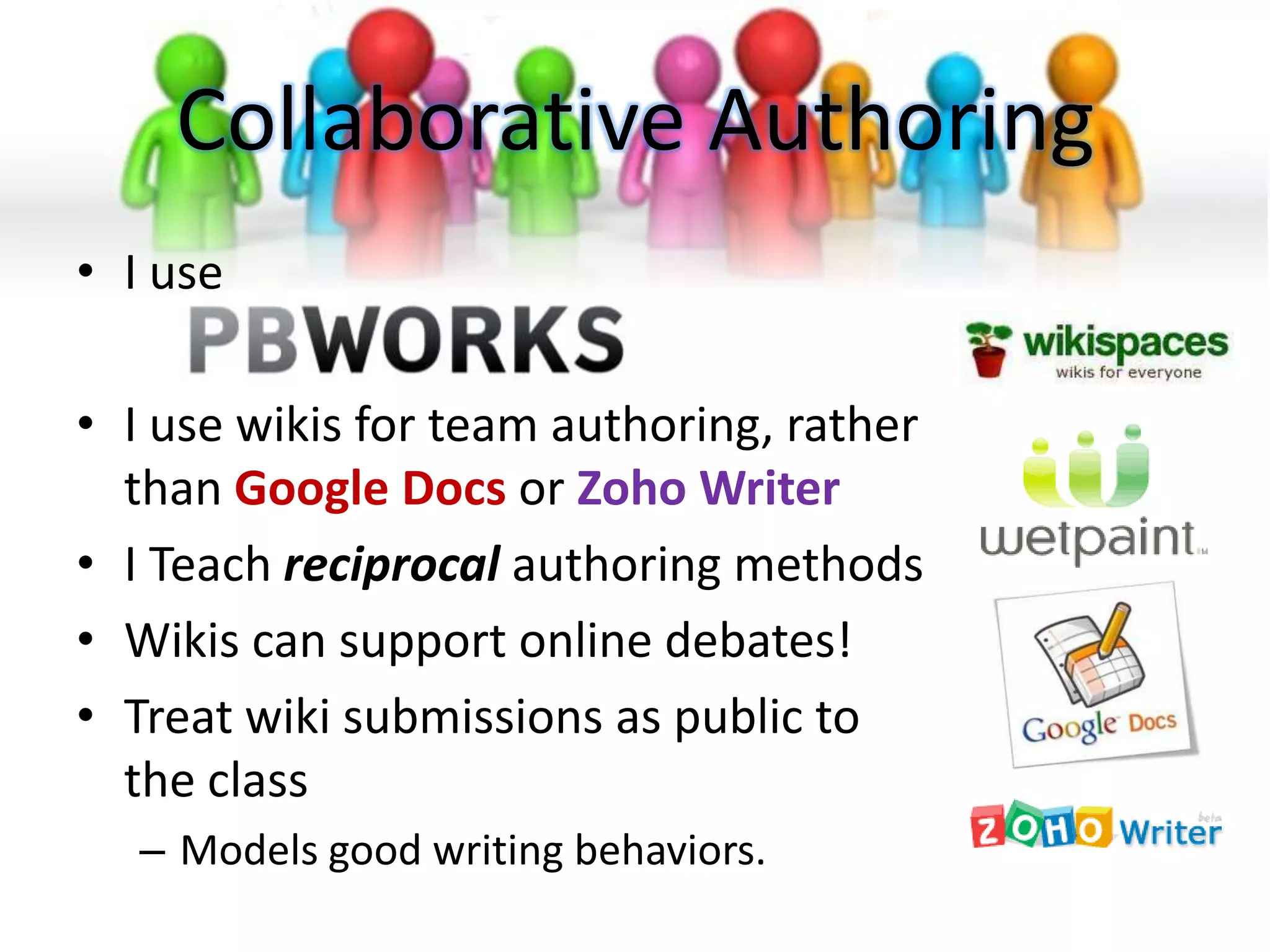 Crits and Peer Feedback
• Process adjustment, rather than new tools
• Use Pinterest or similar that permits
  object related feedback and discussion
• Model and promote desired work
  behaviors/work product
 
