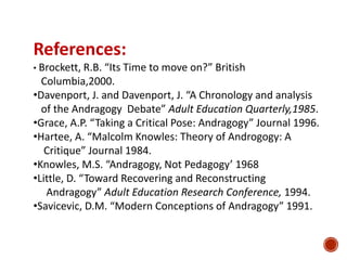 References:
• Brockett, R.B. “Its Time to move on?” British
Columbia,2000.
•Davenport, J. and Davenport, J. “A Chronology and analysis
of the Andragogy Debate” Adult Education Quarterly,1985.
•Grace, A.P. “Taking a Critical Pose: Andragogy” Journal 1996.
•Hartee, A. “Malcolm Knowles: Theory of Androgogy: A
Critique” Journal 1984.
•Knowles, M.S. “Andragogy, Not Pedagogy’ 1968
•Little, D. “Toward Recovering and Reconstructing
Andragogy” Adult Education Research Conference, 1994.
•Savicevic, D.M. “Modern Conceptions of Andragogy” 1991.
 