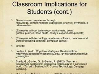 Classroom Implications for
     Students (cont.)
 Demonstrate competence through
 knowledge, comprehension, application, analysis, synthesis, a
 nd evaluation

 (Examples without technology: worksheets, board
 games, puzzles, flash cards, essays, experiments/projects)

 (Examples with technology: academic software, database and
 word processing software, computer games)

 Credits:

 Jordan, L. (n.d.). Cognitive strategies. Retrieved from
 http://www.specialconnections.ku.edu/?q=instruction/cognitive
 _strategies

 Shelly, G., Gunter, G., & Gunter, R. (2012). Teachers
 discovering computers: Integrating technology in a connected
 world. (7th ed.). Boston, MA: Course Technology: Cengage
 Learning.
 