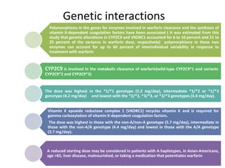 Genetic interactions
Polymorphisms in the genes for enzymes involved in warfarin clearance and the synthesis of
vitamin K-dependent coagulation factors have been associated ( It was estimated from this
study that genetic alterations in CYP2C9 and VKORC1 accounted for 6 to 10 percent and 21 to
25 percent of the variance in warfarin dose, respectively) polymorphisms in these two
enzymes can account for up to 60 percent of interindividual variability in response to
treatment with warfarin
CYP2C9 is involved in the metabolic clearance of warfarin(wild-type CYP2C9*1 and variants
CYP2C9*2 and CYP2C9*3)
The dose was highest in the *1/*1 genotype (5.2 mg/day), intermediate *1/*2 or *1/*3
genotype (4.2 mg/day) and lowest with the *2/*2, *3/*3, or *2/*3 genotypes (3.4 mg/day).
Vitamin K epoxide reductase complex 1 (VKORC1) recycles vitamin K and is required for
gamma carboxylation of vitamin K-dependent coagulation factors.
The dose was highest in those with the non-A/non-A genotype (5.7 mg/day), intermediate in
those with the non-A/A genotype (4.4 mg/day) and lowest in those with the A/A genotype
(3.7 mg/day).
A reduced starting dose may be considered in patients with A haplotypes, in Asian-Americans,
age >65, liver disease, malnourished, or taking a medication that potentiates warfarin
 