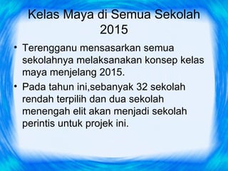 Kelas Maya di Semua Sekolah
             2015
• Terengganu mensasarkan semua
  sekolahnya melaksanakan konsep kelas
  maya menjelang 2015.
• Pada tahun ini,sebanyak 32 sekolah
  rendah terpilih dan dua sekolah
  menengah elit akan menjadi sekolah
  perintis untuk projek ini.
 