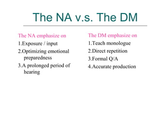 The NA v.s. The DM
The NA emphasize on
1.Exposure / input
2.Optimizing emotional
preparedness
3.A prolonged period of
hearing
The DM emphasize on
1.Teach monologue
2.Direct repetition
3.Formal Q/A
4.Accurate production
 