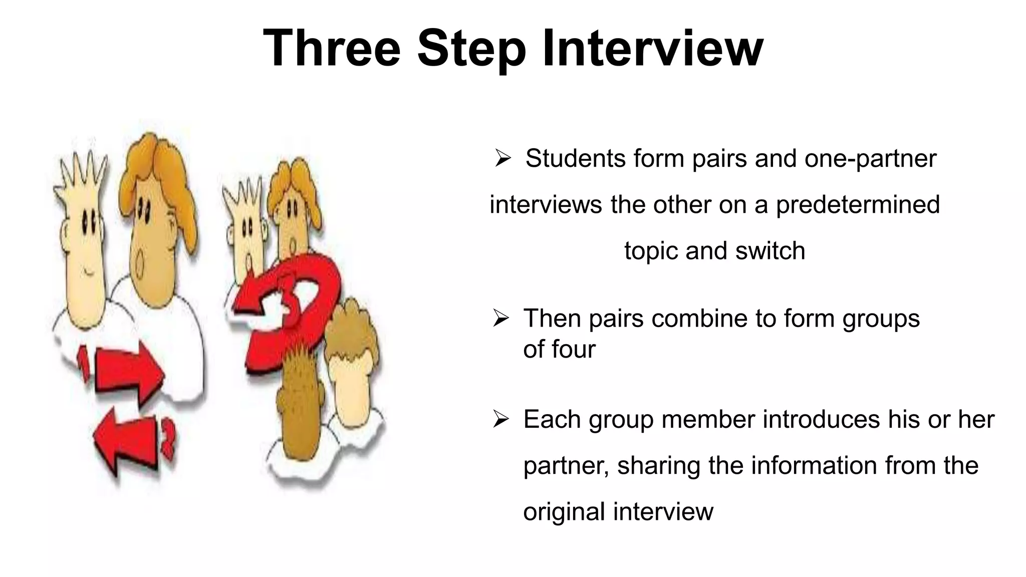 Three Step Interview
 Students form pairs and one-partner
interviews the other on a predetermined
topic and switch
 Then pairs combine to form groups
of four
 Each group member introduces his or her
partner, sharing the information from the
original interview
 