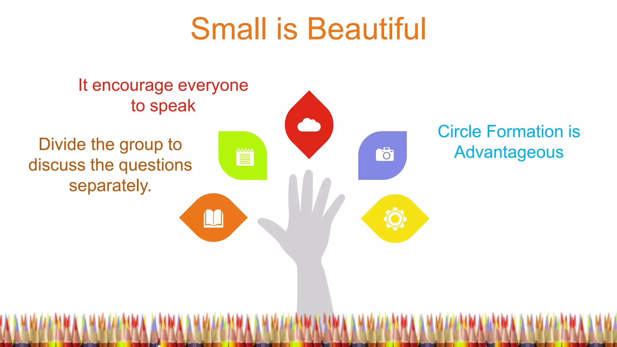 Small is Beautiful
Circle Formation is
AdvantageousDivide the group to
discuss the questions
separately.
It encourage everyone
to speak
 