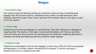 Stages:
 Presentation stage:
The teacher begins the lesson by setting up a situation, either eliciting or modeling some
language that the situation calls for. Presentation may consist of model sentences, short
dialogues illustrating target items, either read from the textbook, heard on the tape or acted
out by the teacher.
 Practice stage:
Students practice the new language in a controlled way. They drill -sentences or dialogues by
repeating after the teacher or the tape, in chorus and individually, until they can say them
correctly. Other practice activities are matching parts of sentences, completing sentences or
dialogues and asking and answering questions using the target language.
 Production stage:
Students are encouraged to use the new language in a freer way, either for their own purposes
and meanings or in a similar context introduced by the teacher. It can be a role play, a
simulation activity or a communication task.
 