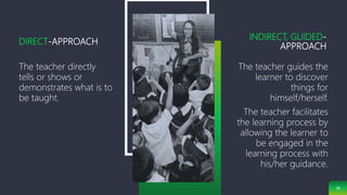 DIRECT-APPROACH
The teacher directly
tells or shows or
demonstrates what is to
be taught.
18
INDIRECT, GUIDED-
APPROACH
The teacher guides the
learner to discover
things for
himself/herself.
The teacher facilitates
the learning process by
allowing the learner to
be engaged in the
learning process with
his/her guidance.
 