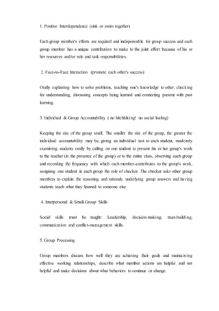 1. Positive Interdependence (sink or swim together) 
Each group member's efforts are required and indispensable for group success and each 
group member has a unique contribution to make to the joint effort because of his or 
her resources and/or role and task responsibilities. 
2. Face-to-Face Interaction (promote each other's success) 
Orally explaining how to solve problems, teaching one's knowledge to other, checking 
for understanding, discussing concepts being learned and connecting present with past 
learning. 
3. Individual & Group Accountability ( no hitchhiking! no social loafing) 
Keeping the size of the group small. The smaller the size of the group, the greater the 
individual accountability may be, giving an individual test to each student, randomly 
examining students orally by calling on one student to present his or her group's work 
to the teacher (in the presence of the group) or to the entire class, observing each group 
and recording the frequency with which each member-contributes to the group's work, 
assigning one student in each group the role of checker. The checker asks other group 
members to explain the reasoning and rationale underlying group answers and having 
students teach what they learned to someone else. 
4. Interpersonal & Small-Group Skills 
Social skills must be taught: Leadership, decision-making, trust-building, 
communication and conflict-management skills. 
5. Group Processing 
Group members discuss how well they are achieving their goals and maintaining 
effective working relationships, describe what member actions are helpful and not 
helpful and make decisions about what behaviors to continue or change. 
 