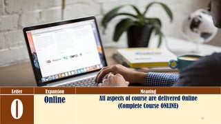 Letter Expansion Meaning
O
Online All aspects of course are delivered Online
(Complete Course ONLINE)
35
 
