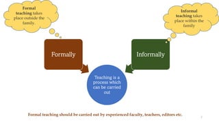Formal teaching should be carried out by experienced faculty, teachers, editors etc.
Teaching is a
process which
can be carried
out
Formally Informally
Informal
teaching takes
place within the
family
Formal
teaching takes
place outside the
family.
7
 