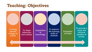 Teaching: Objectives
To bring
desired
changes in
pupils
To shape
behaviour
and conduct
Acquisition
of
knowledge
To improve
the learning
skills of
students
Formation
of belief
To provide a
social and
efficient
member of
society
8
 