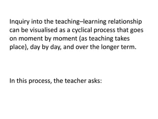 Inquiry into the teaching–learning relationship
can be visualised as a cyclical process that goes
on moment by moment (as teaching takes
place), day by day, and over the longer term.
In this process, the teacher asks:
 