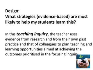 Design:
What strategies (evidence-based) are most
likely to help my students learn this?
In this teaching inquiry, the teacher uses
evidence from research and from their own past
practice and that of colleagues to plan teaching and
learning opportunities aimed at achieving the
outcomes prioritised in the focusing inquiry.
 