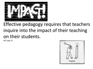 Effective pedagogy requires that teachers
inquire into the impact of their teaching
on their students.
NZC page 35
 