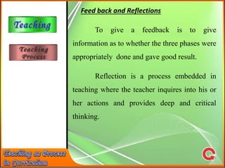 Feed back and Reflections
To give a feedback is to give
information as to whether the three phases were
appropriately done and gave good result.
Reflection is a process embedded in
teaching where the teacher inquires into his or
her actions and provides deep and critical
thinking.
 