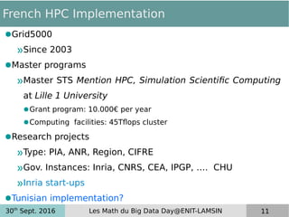 30th
Sept. 2016 Les Math du Big Data Day@ENIT-LAMSIN 11
French HPC Implementation
●Grid5000
»Since 2003
●Master programs
»Master STS Mention HPC, Simulation Scientific Computing
at Lille 1 University
●Grant program: 10.000€ per year
●Computing facilities: 45Tflops cluster
●Research projects
»Type: PIA, ANR, Region, CIFRE
»Gov. Instances: Inria, CNRS, CEA, IPGP, …. CHU
»Inria start-ups
●Tunisian implementation?
 
