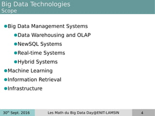 30th
Sept. 2016 Les Math du Big Data Day@ENIT-LAMSIN 4
Big Data Technologies
Scope
●Big Data Management Systems
●Data Warehousing and OLAP
●NewSQL Systems
●Real-time Systems
●Hybrid Systems
●Machine Learning
●Information Retrieval
●Infrastructure
 