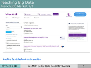 30th
Sept. 2016 Les Math du Big Data Day@ENIT-LAMSIN 8
Teaching Big Data
French Job Market 2/2
Looking for skilled and senior profiles
 