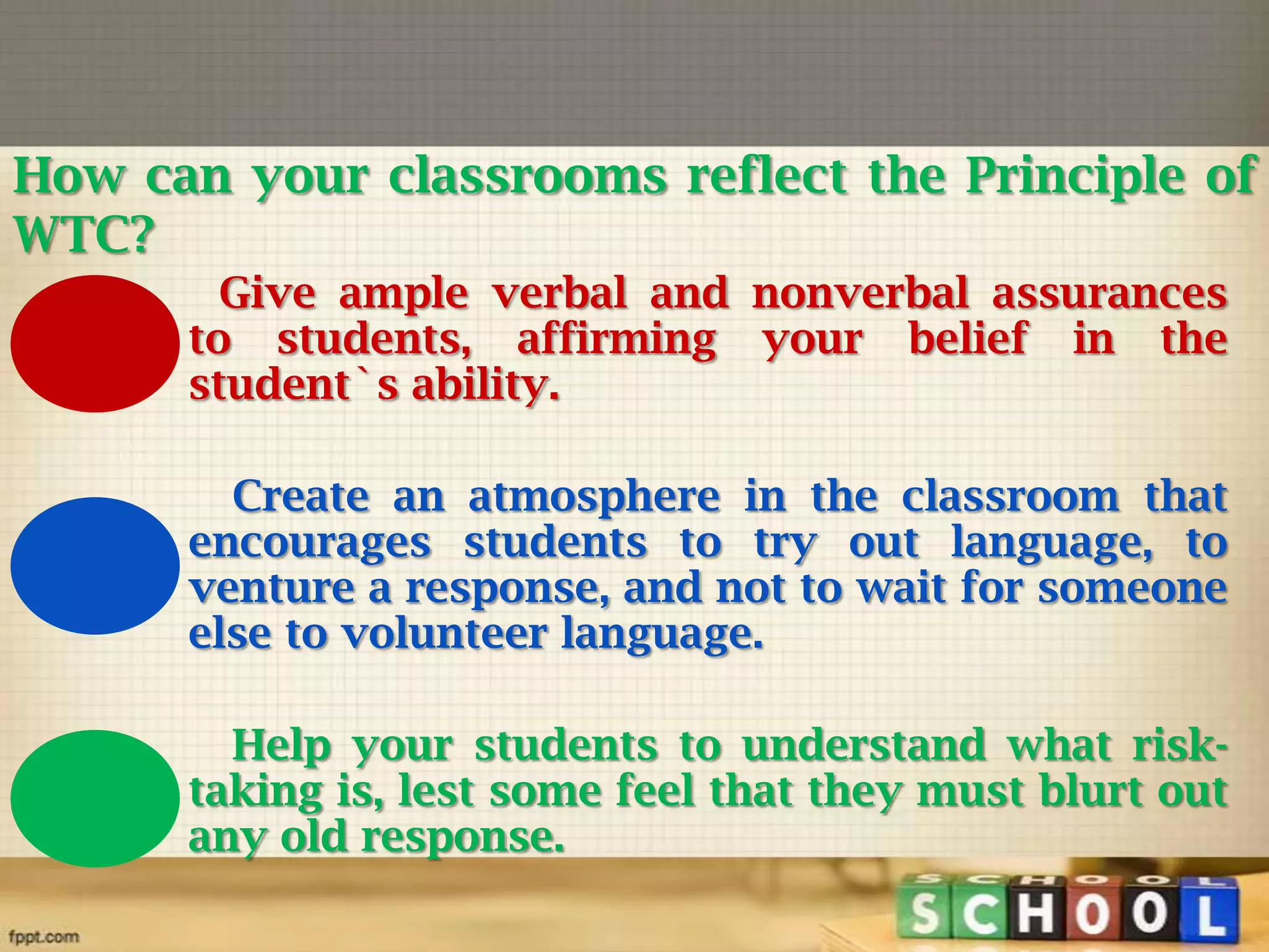 How can your classrooms reflect the Principle of
WTC?
Give ample verbal and nonverbal assurances
to students, affirming your belief in the
student`s ability.
Create an atmosphere in the classroom that
encourages students to try out language, to
venture a response, and not to wait for someone
else to volunteer language.

Help your students to understand what risktaking is, lest some feel that they must blurt out
any old response.

 