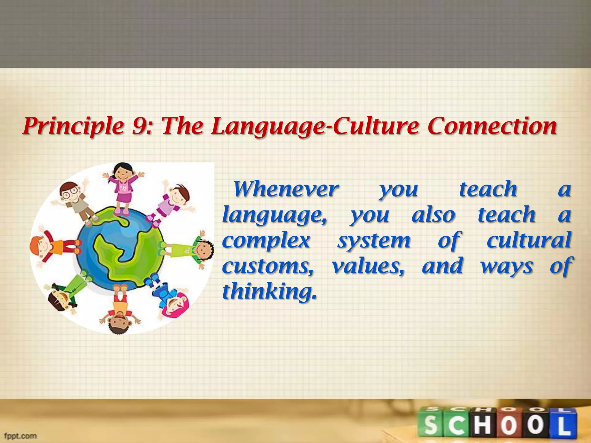 Principle 9: The Language-Culture Connection
Whenever
you
teach
a
language, you also teach a
complex system of cultural
customs, values, and ways of
thinking.

 