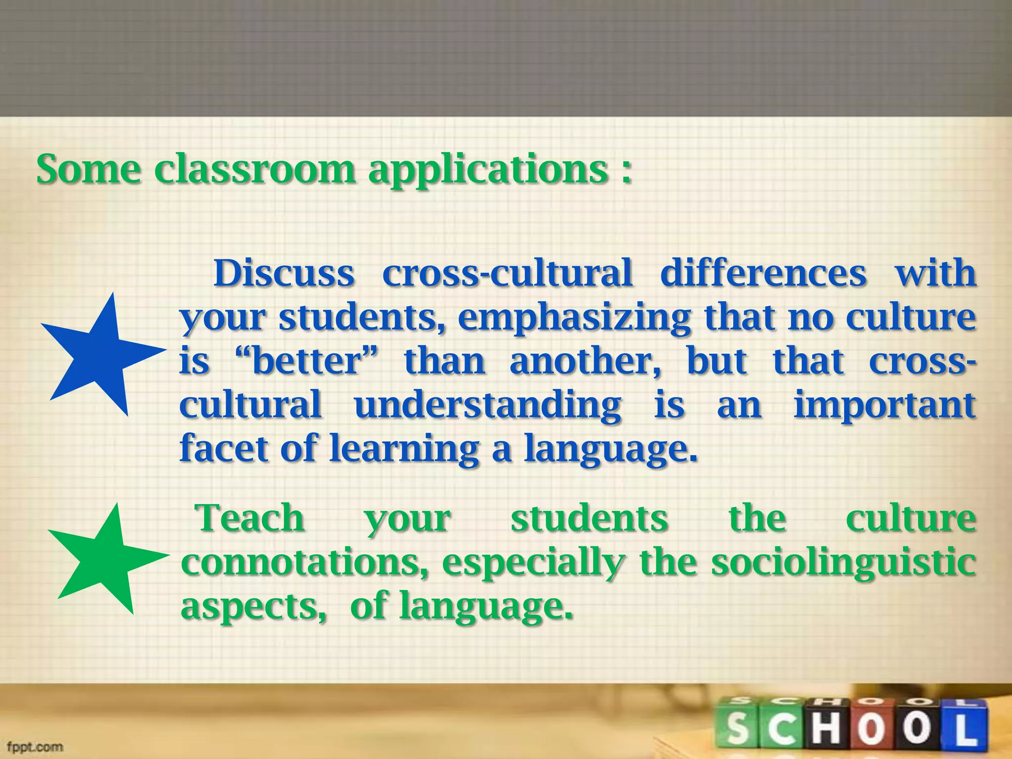 Some classroom applications :
Discuss cross-cultural differences with
your students, emphasizing that no culture
is “better” than another, but that crosscultural understanding is an important
facet of learning a language.
Teach
your
students
the
culture
connotations, especially the sociolinguistic
aspects, of language.

 