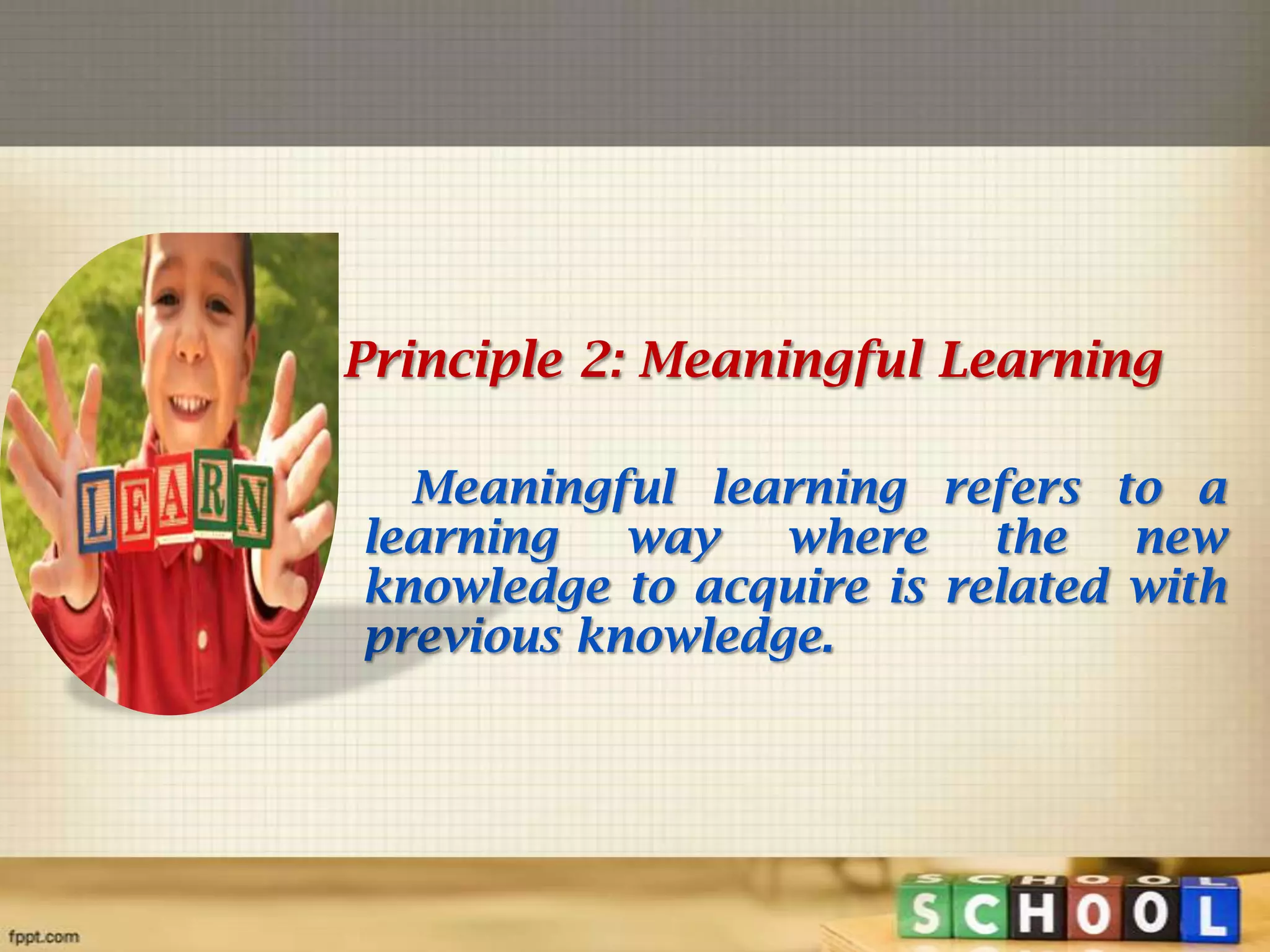 Principle 2: Meaningful Learning
Meaningful learning refers to a
learning way where the new
knowledge to acquire is related with
previous knowledge.

 