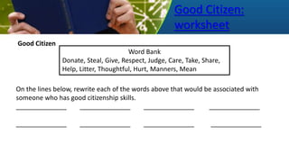 Good Citizen:
worksheet
Word Bank
Donate, Steal, Give, Respect, Judge, Care, Take, Share,
Help, Litter, Thoughtful, Hurt, Manners, Mean
Good Citizen
On the lines below, rewrite each of the words above that would be associated with
someone who has good citizenship skills.
______________ ______________ ______________ ______________
______________ ______________ ______________ ______________
 