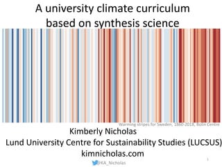 A university climate curriculum
based on synthesis science
@KA_Nicholas
Kimberly Nicholas
Lund University Centre for Sustainability Studies (LUCSUS)
kimnicholas.com
Warming stripes for Sweden, 1860-2018, Bolin Centre
1
 