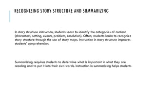 RECOGNIZING STORY STRUCTURE AND SUMMARIZING
In story structure instruction, students learn to identify the categories of content
(characters, setting, events, problem, resolution). Often, students learn to recognize
story structure through the use of story maps. Instruction in story structure improves
students’ comprehension.
Summarizing requires students to determine what is important in what they are
reading and to put it into their own words. Instruction in summarizing helps students
 