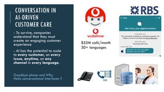 CONVERSATION IN
AI-DRIVEN
CUSTOMER CARE
- To survive, companies
understand that they must
create an engaging customer
experience
- AI has the potential to scale
to every customer, on every
issue, anytime, on any
channel in every language.
Goodbye phone and IVRs;
Hello conversational interfaces !!
Tom
Emma
$55M calls/month
30+ languages
 