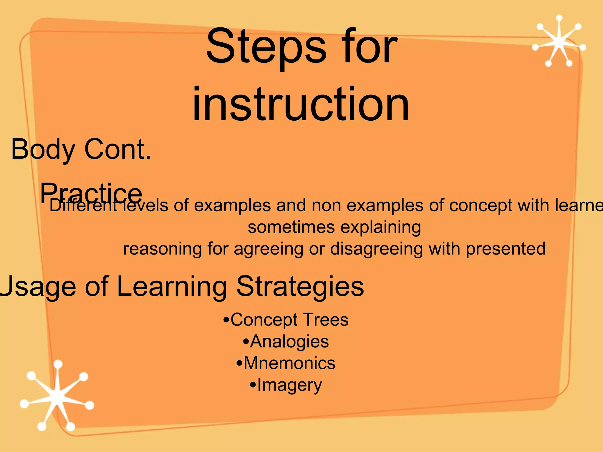Steps for instruction Body Cont. Practice Usage of Learning Strategies Different levels of examples and non examples of concept with learners sometimes explaining reasoning for agreeing or disagreeing with presented Concept Trees Analogies Mnemonics Imagery 
