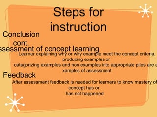 Steps for instruction Conclusion cont. Assessment of concept learning Feedback After assessment feedback is needed for learners to know mastery of concept has or  has not happened Learner explaining why or why example meet the concept criteria, producing examples or  catagorizing examples and non examples into appropriate piles are all xamples of assessment 