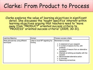 Clarke: From Product to Process
Clarke explores the value of learning objectives in significant
detail. She discusses the ‘taught specifics’ inherent within
learning objectives arguing that teachers need to “move
away from “PRODUCT” oriented success criteria to
“PROCESS” oriented success criteria” (2005, 30-31).
 