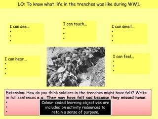 LO: To know what life in the trenches was like during WW1.
I can see...
•
•
•
I can hear...
•
•
•
I can touch...
•
•
•
I can feel...
•
•
•
I can smell...
•
•
•
Extension: How do you think soldiers in the trenches might have felt? Write
in full sentences e.g. They may have felt sad because they missed home.
•
•
•
Colour-coded learning objectives are
included on activity resources to
retain a sense of purpose.
 