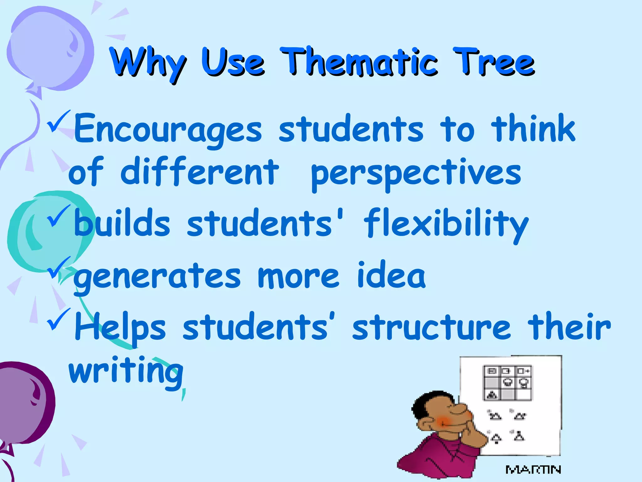 Why Use Thematic TreeWhy Use Thematic Tree
Encourages students to think
of different perspectives
builds students' flexibility
generates more idea
Helps students’ structure their
writing
 
