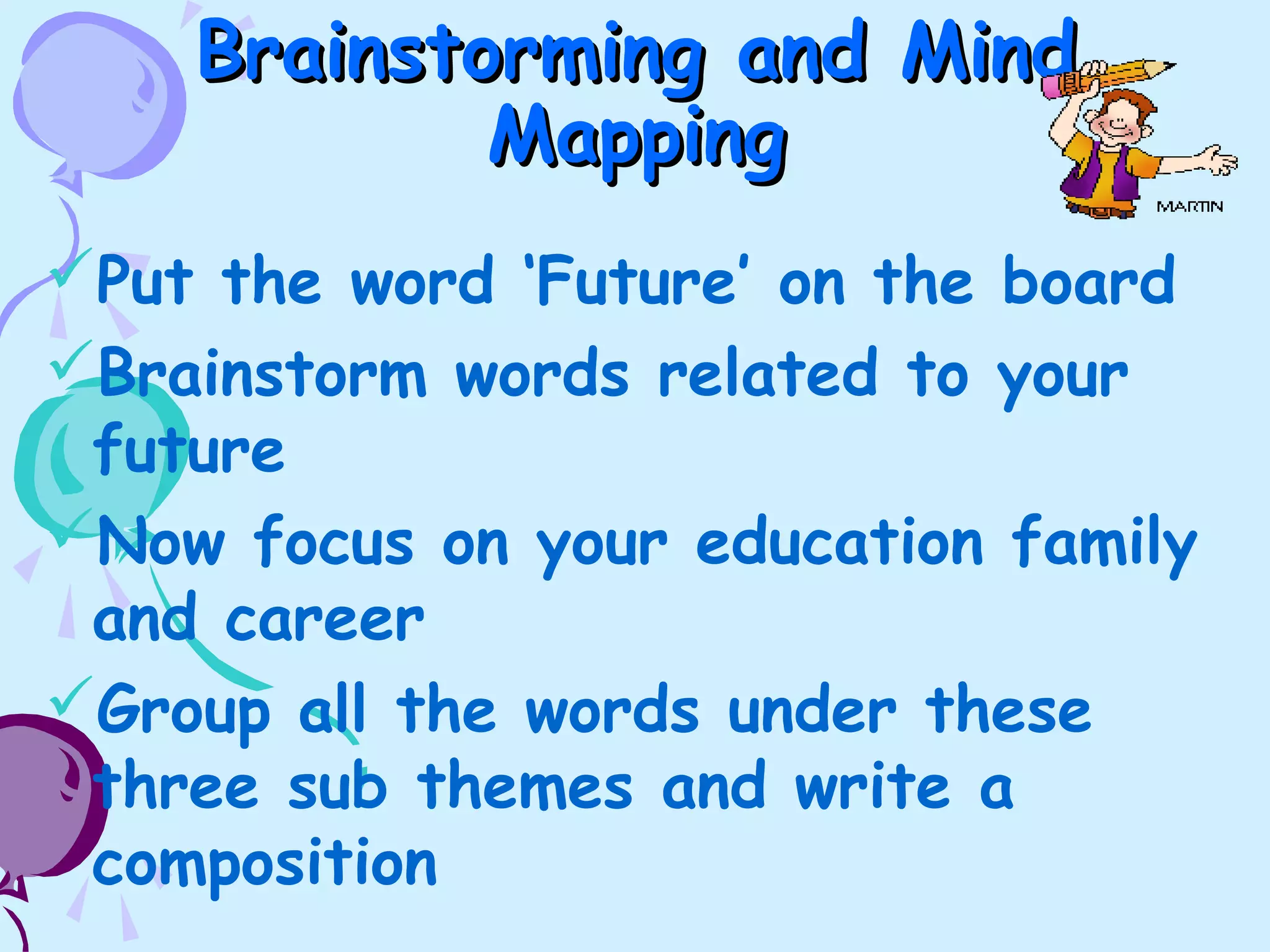 Brainstorming and MindBrainstorming and Mind
MappingMapping
Put the word ‘Future’ on the board
Brainstorm words related to your
future
Now focus on your education family
and career
Group all the words under these
three sub themes and write a
composition
 