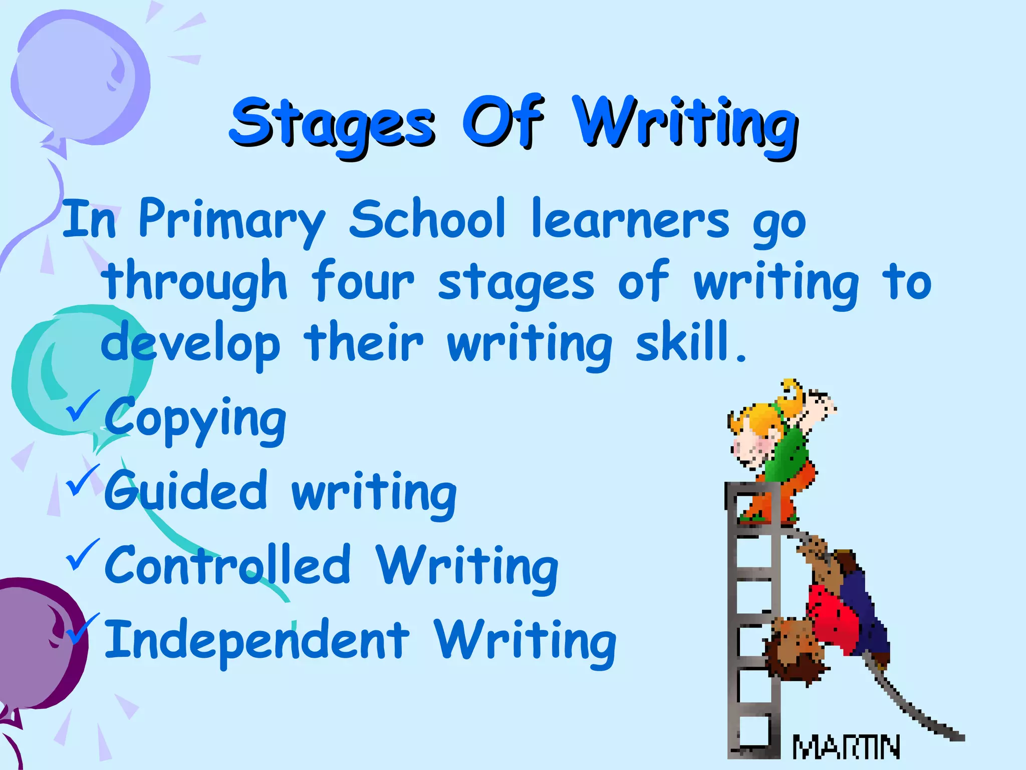 Stages Of WritingStages Of Writing
In Primary School learners go
through four stages of writing to
develop their writing skill.
Copying
Guided writing
Controlled Writing
Independent Writing
 
